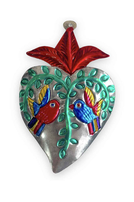 MEXICAN SILVER HEART WALL HANGING BIRD/FLORAL