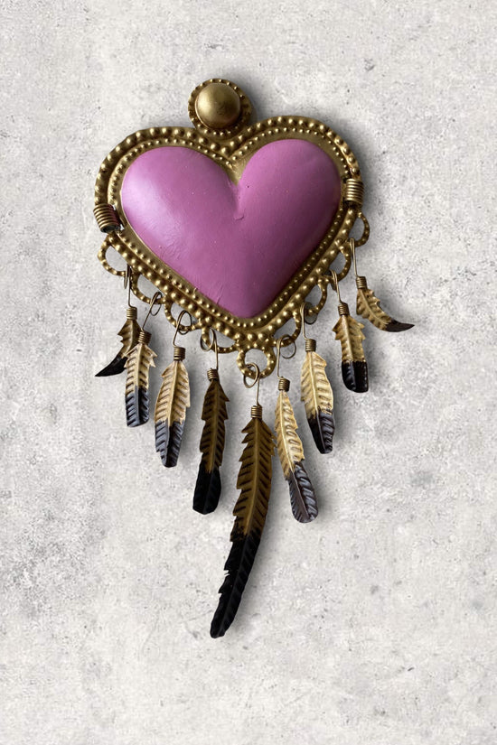 MEXICAN FOLK ART PINK TIN HEART WITH  FEATHERS