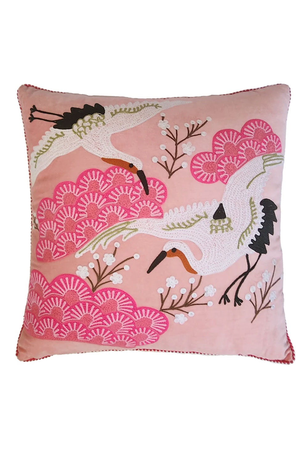 RUBY STAR TRADERS JAPANESE CRANE CUSHION PINK MULTI VELVET