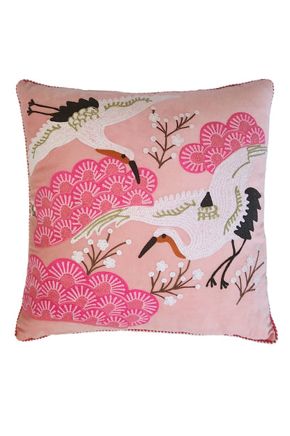 RUBY STAR TRADERS JAPANESE CRANE CUSHION PINK MULTI VELVET