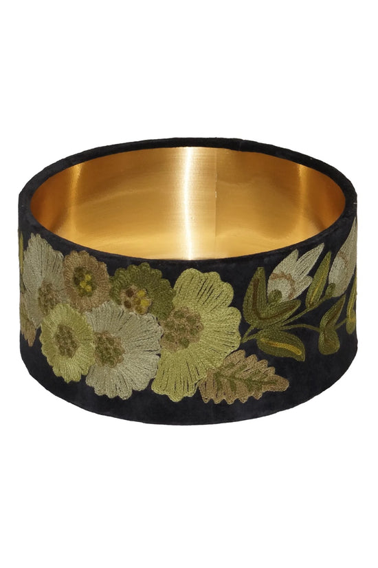 RUBY STAR TRADERS DRUM LAMPSHADE BLOOMS CHARCOAL SAGE VELVET SMALL