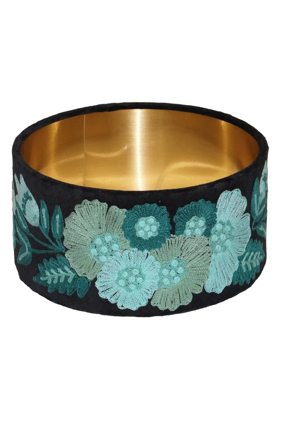 RUBY STAR TRADERS DRUM LAMPSHADE BLOOMS BLACK TURQUOISE VELVET SMALL