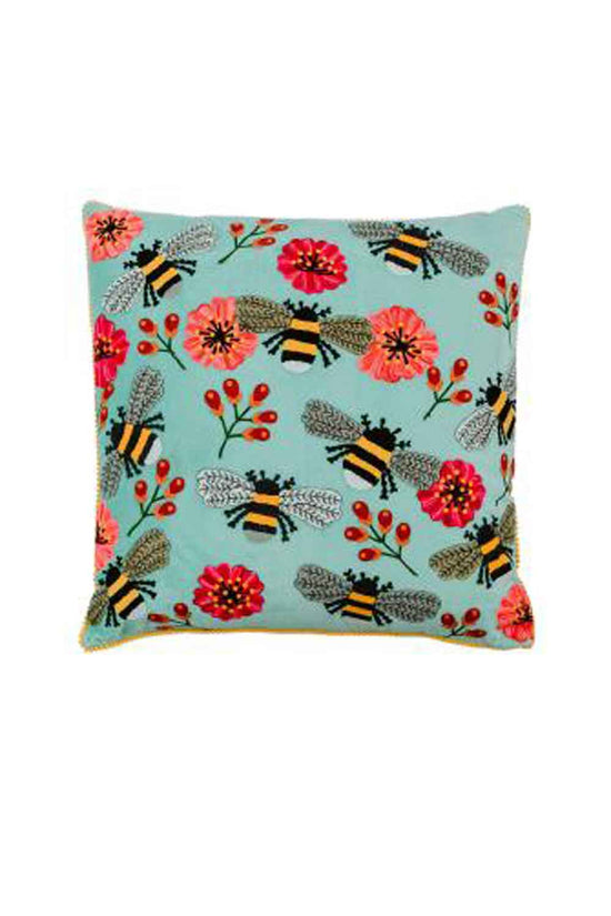 RUBY STAR TRADERS BUMBLE BEE VELVET CUSHION TURQUOISE