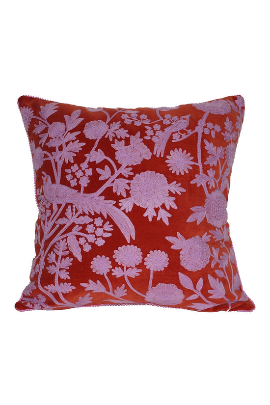 RUBY STAR TRADERS PEACOCK & FLOWERS CUSHION RED/PINK