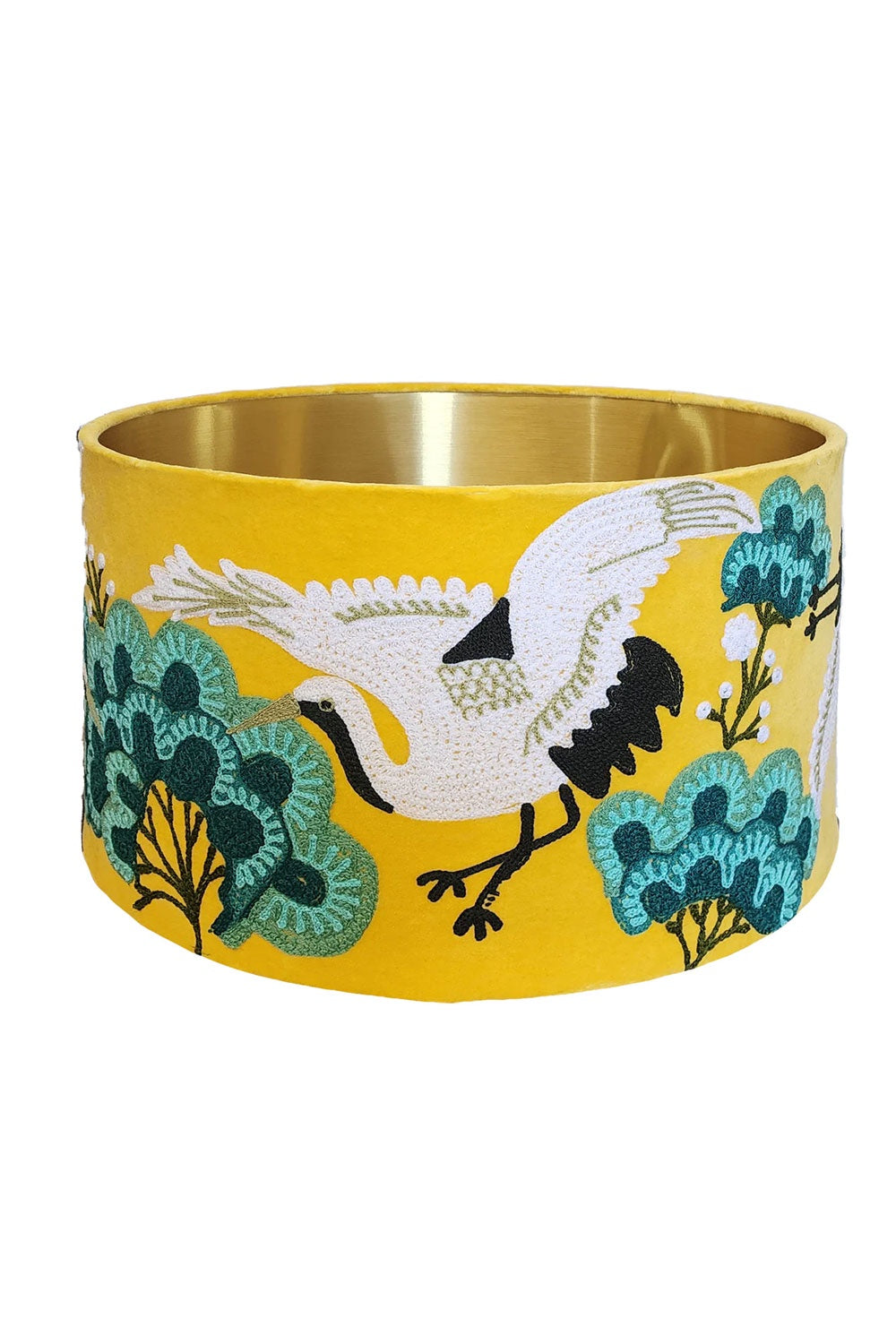 DRUM LAMPSHADE JAPANESE CRANE YELLOW MULTI VELVET