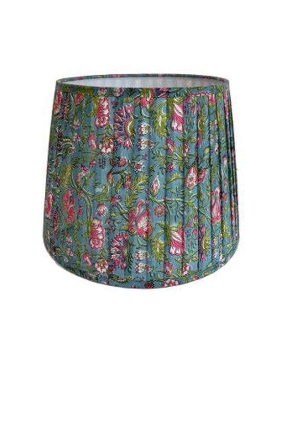 RUBY STAR TRADERS PLEATED TAPERED LAMPSHADE FLORAL BLOCK PRINT BLUE/MULTI COTTON