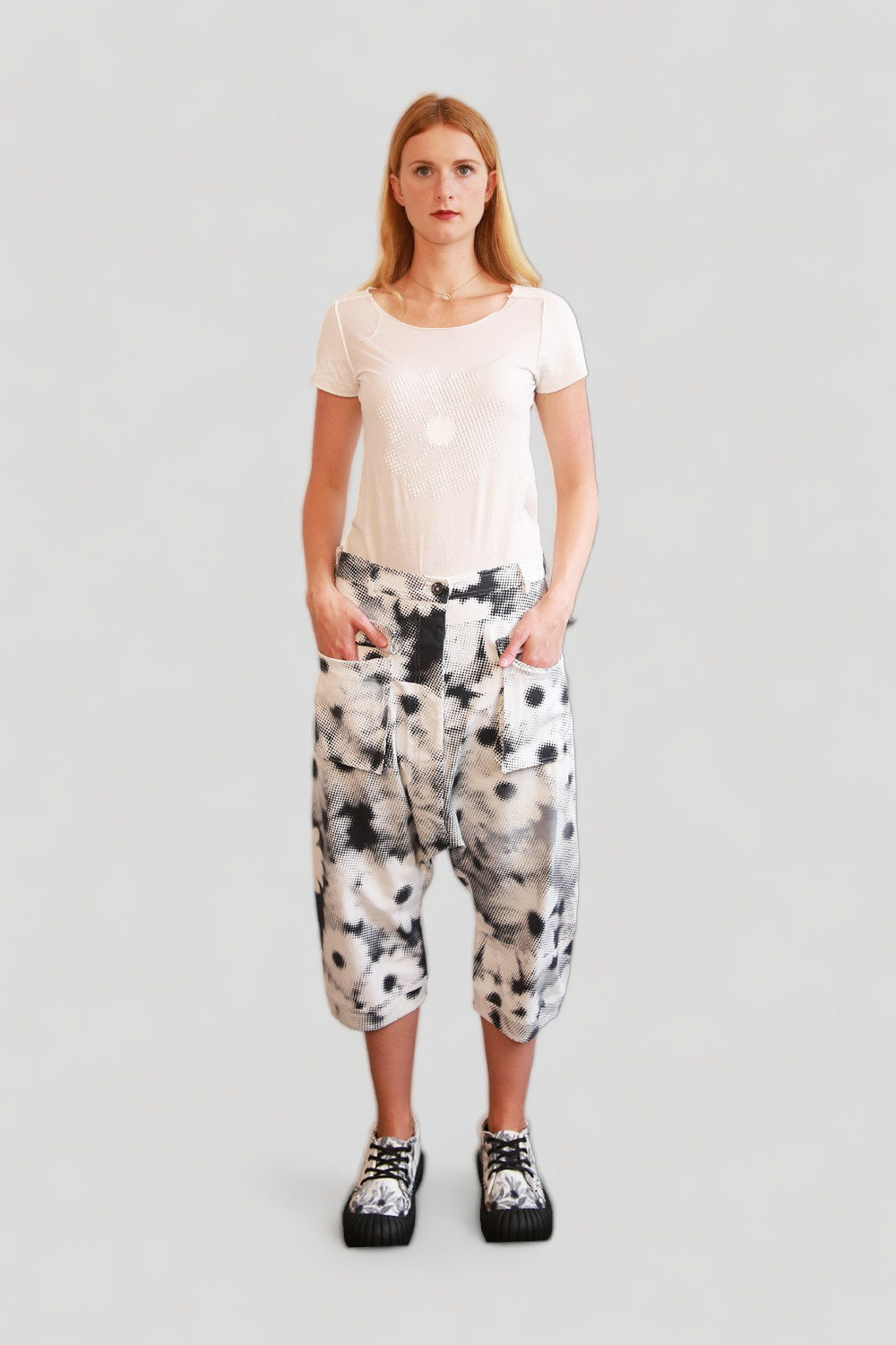 RUNDHOLZ DIP WHITE DROP CROTCH PANT WITH BLACK &amp; GREY DOT IMPRINT