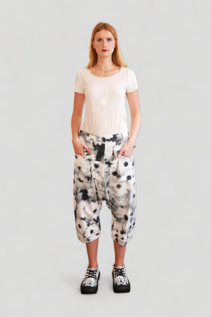 RUNDHOLZ DIP WHITE DROP CROTCH PANT WITH BLACK &amp; GREY DOT IMPRINT