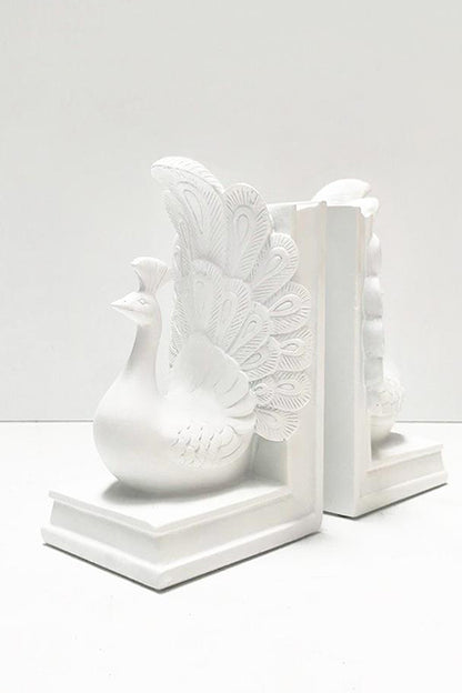 WHITE MOOSE PEACOCK BOOKEND WHITE