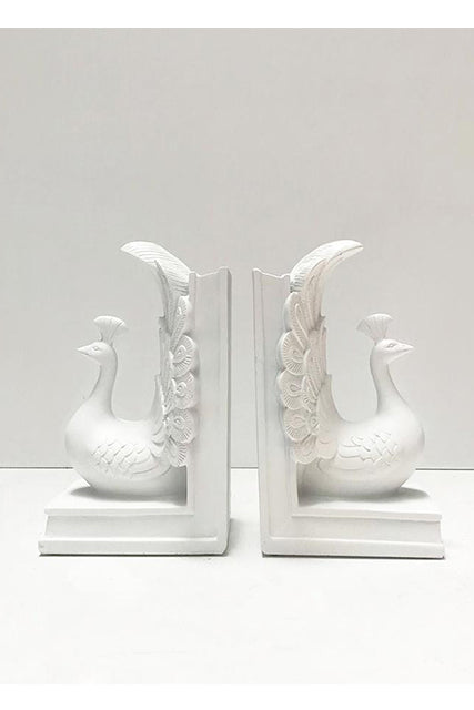 WHITE MOOSE PEACOCK BOOKEND WHITE